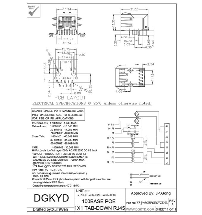 CAT 5 PoE RJ45 Ethernet Connector Right Angle for Net Card, 10/100BASE