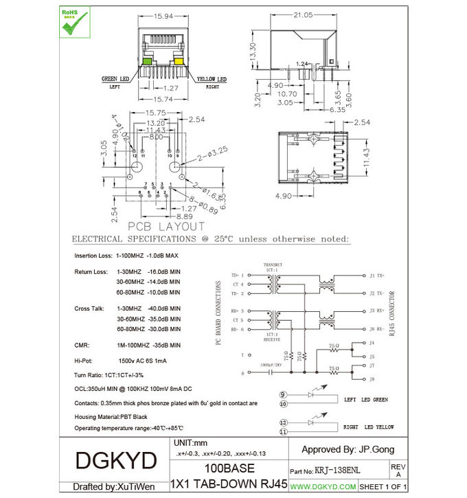 8p8c Network 100 megabit cat6 RJ45 Connector with internal magnetics , Registered Jack 45
