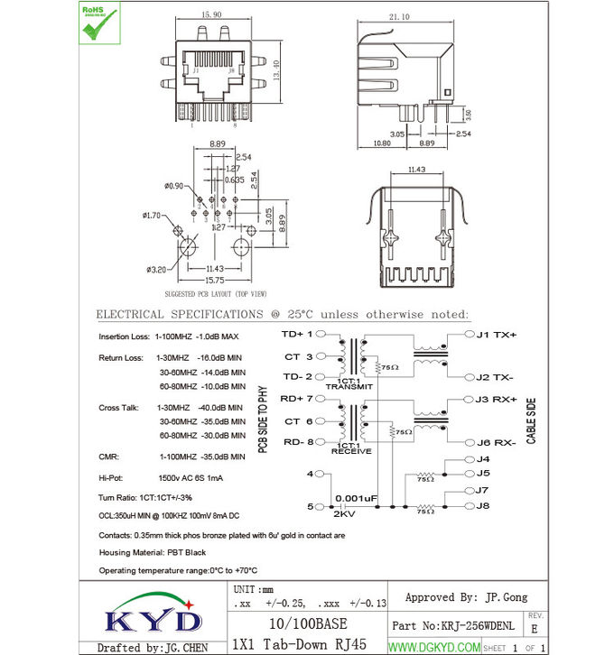 Transformer Magnetic RJ45 Ethernet plug connector for Fiber Optic Transceivers