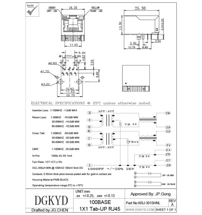Megabit Ethernet Modular Jack RJ45 with integrated transformer, Length 25.4mm