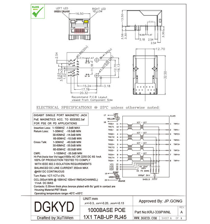 Custom Single Port 33.0mm Rj45 Lan Jack , 1000BASE micro rj45 connector PoE