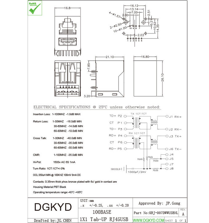 Integrated rj45 USB connector with 10/100base transformer, RJ45 over USB2.0 JACK