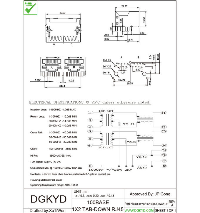 1 x 2 port Integrated Magnetic RJ45 Modular Jack 100BASE without LEDS