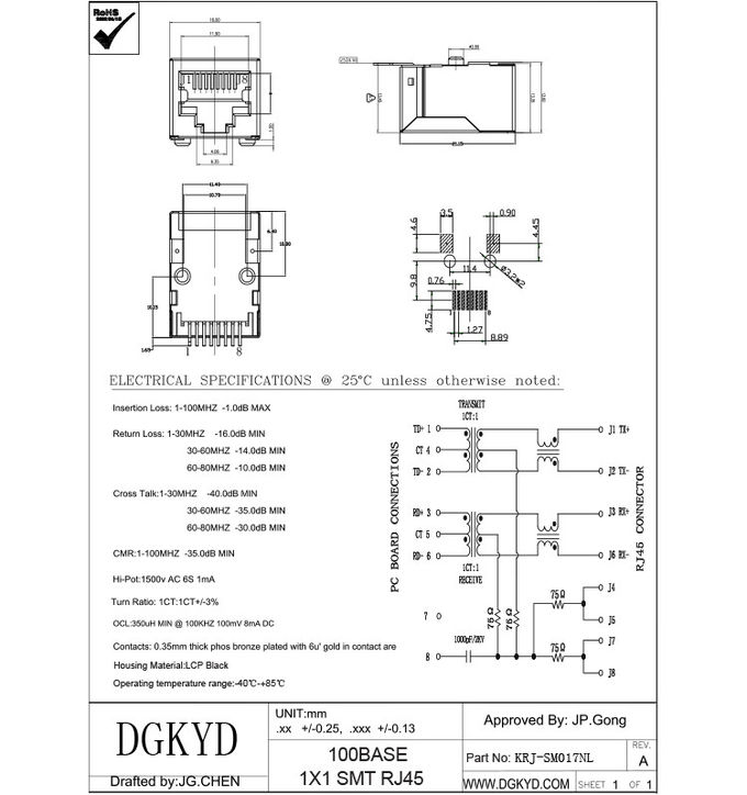 Shielded cat5 network jack, Low profile SMT rj45 connector with internal transformer