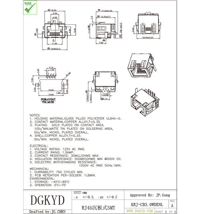 Sinking board shielded RJ45 Jack Single Port with EMI Fingers , low profile