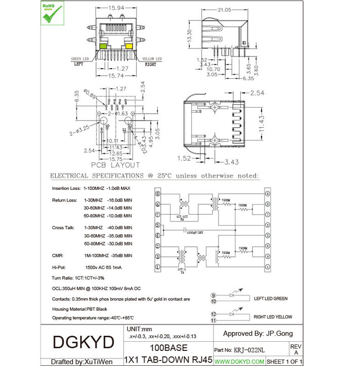 Industrial ethernet connector single port integrated magnetics rj45 jack