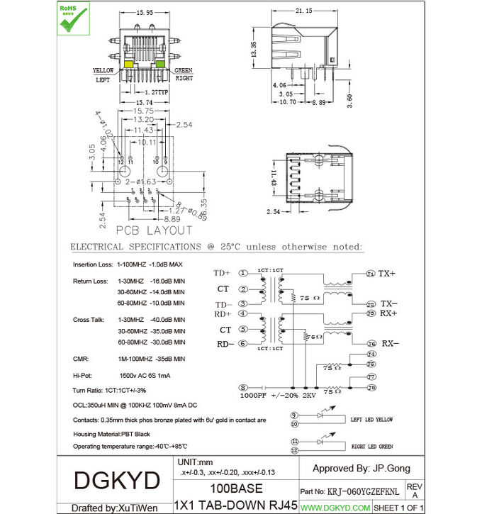 Surface mount shielded right angle ethernet rj45 connector 100 BASE - TX Y/G LED