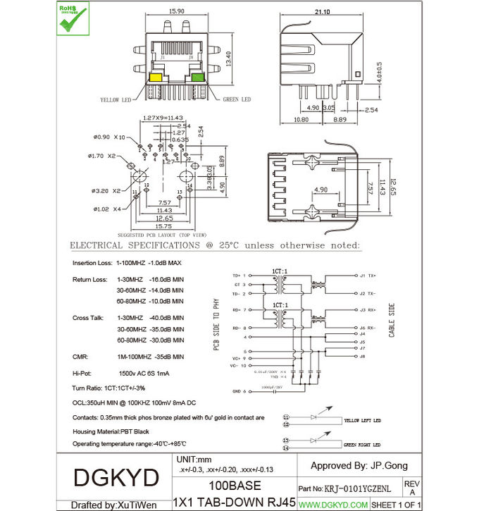 Integrated magnetics 100 base-tx PoE RJ45 ethernet jack with Filter Y/G LED