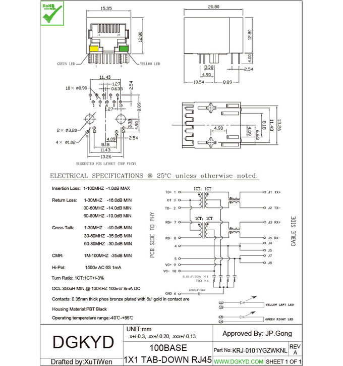 IEEE802.3u 10 / 100 BASE Network RJ45 Modular Connector with power over ethernet