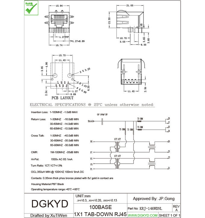 Right Angle 10 / 100 BASE RJ45 modular Jack with transformer Ethernet Cable Connector