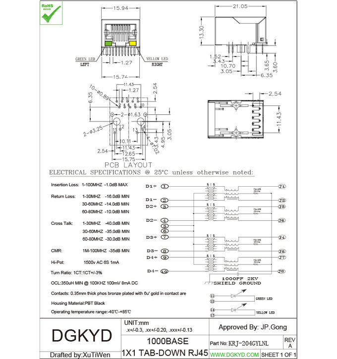Single port RJ45 with integrated magnetics modular Jack 1000 base G/Y LED