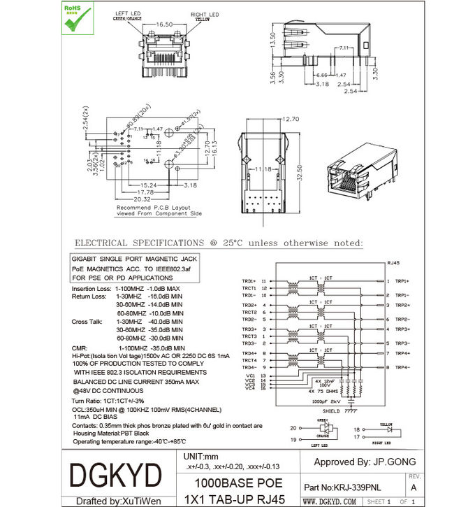 33mm Right Angle Tab-Up POE RJ45 Shielded Connector with transformer GO/Y LED OEM