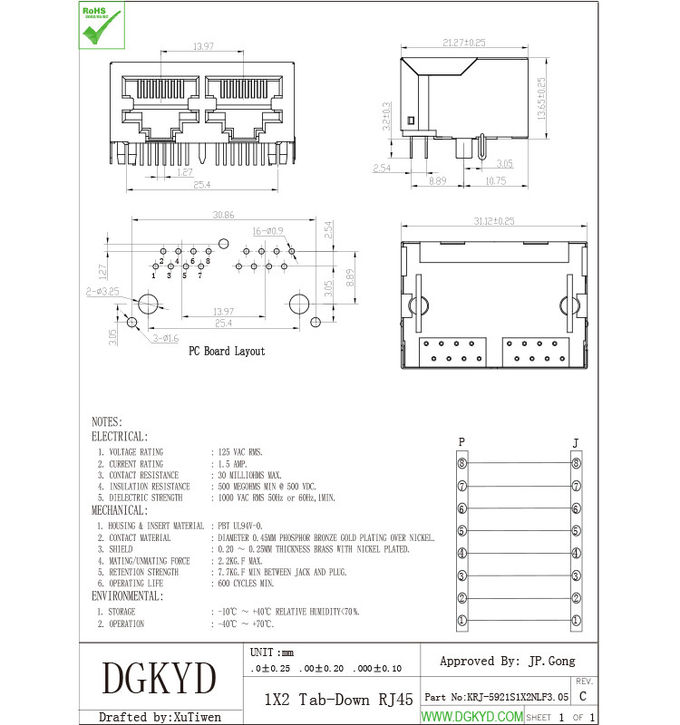 Shield tab down cat 5 dual port ethernet socket RJ45 connector
