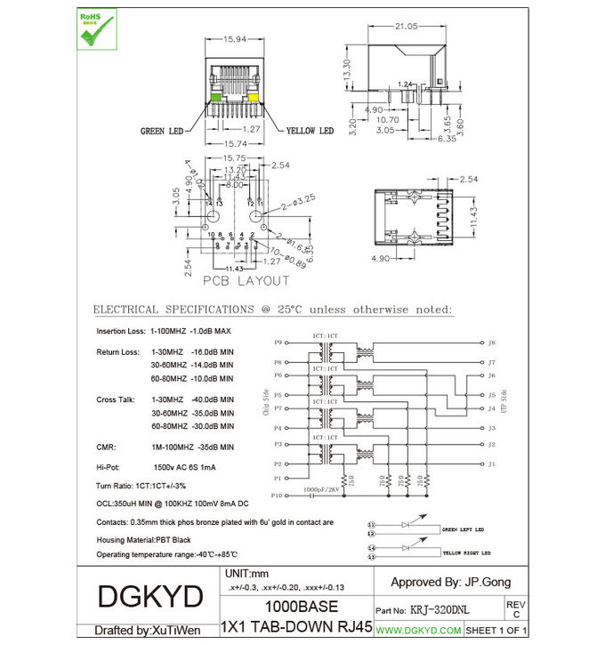 Single port rj45 connector with LEDs shielded gigabit port
