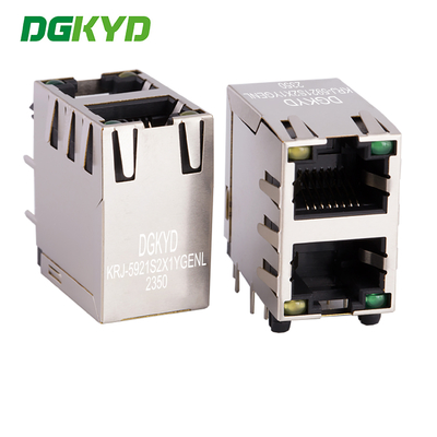 KRJ-5921S2X1YGENL 2x1 Dual Port RJ45 Connector With Light And Spring Clip Without Filter