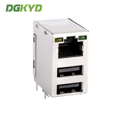 RJ45 connector with dual USB 2.0 socket, no filter, light strip, shielding, stacked network port DGKYDRU22188AB1WDD1080