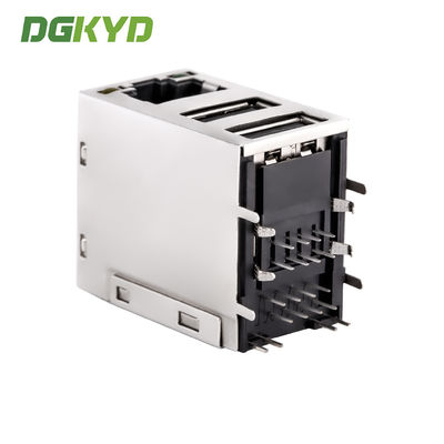 RJ45 connector with dual USB 2.0 socket, no filter, light strip, shielding, stacked network port DGKYDRU22188AB1WDD1080