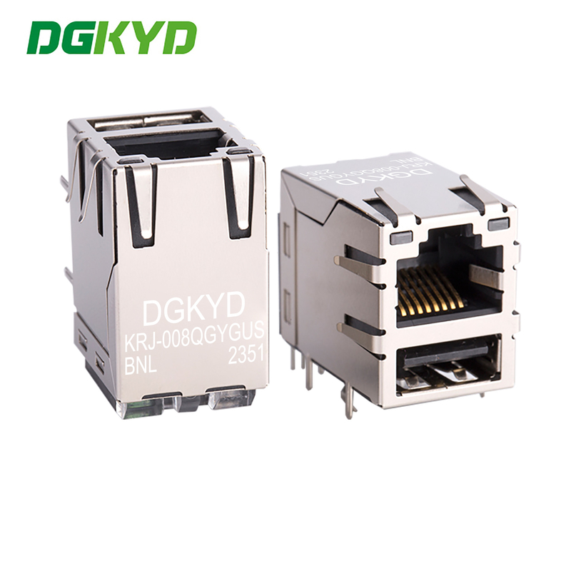 KRJ-008QGYGUSBNL Rj45 90 Degree Connector USB2.0 Socket Built In Gigabit Filter With Light