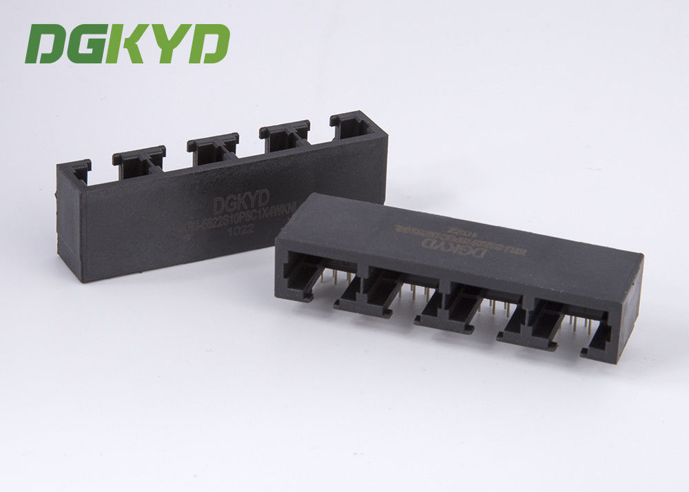 Black plastic housing 1x4 ports right angle RJ45 connector combo modular jack