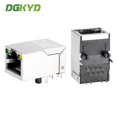 RJ45 modular jack with 100MB filter, LED status indicator, and shielded metal connector for network interfaces