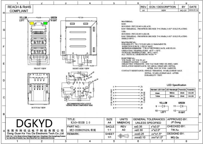 Cat3 RJ45 Connector Stack Over Dual USB 2.0 A Type With Y/G Led