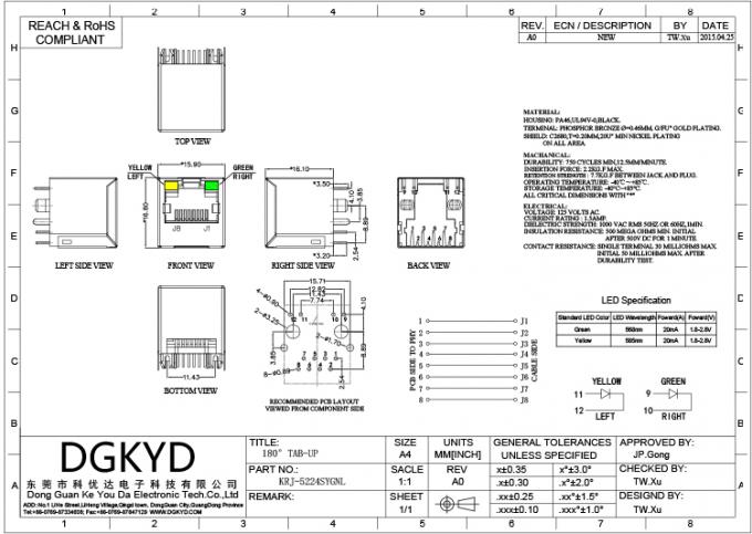 180° top entry shielded RJ45 LAN Jack without transformer for Internet ...
