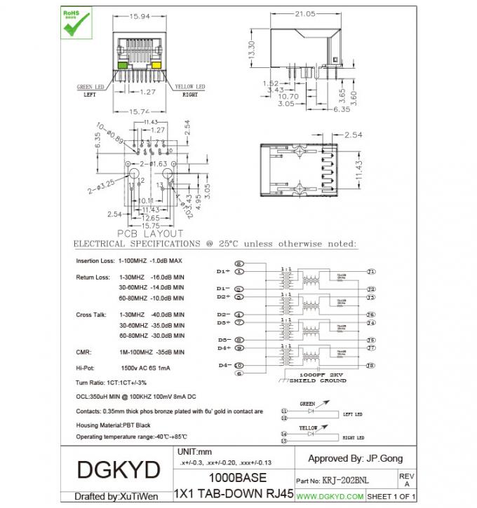 Single Port Gigabit 10 Pins PCB RJ45 Modular Jack, G/Y Led