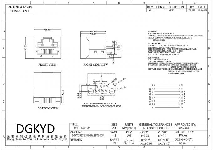 RJ45 Interface 52T 180 Degree In Line Network Port Socket 8P8C No Light ...