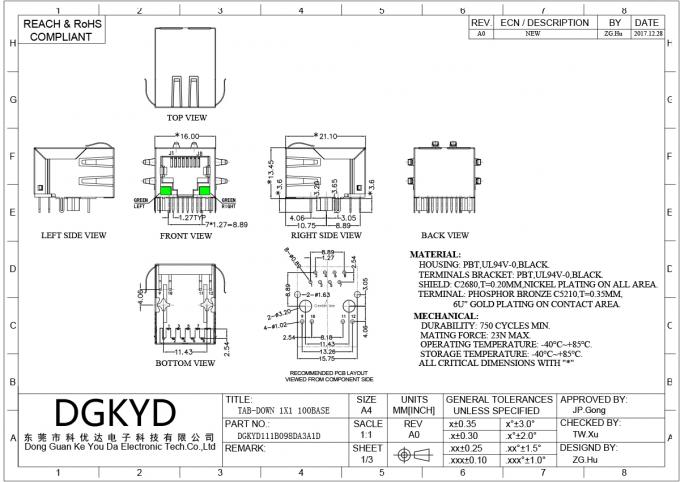 Single port shielded RJ45 female connector with internal isolation transformer — front angle view
