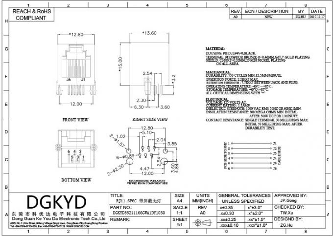 Sliding Modular Rj11 Shielded Rj11 Jack Connector Modular Block Interface 6P6C Without Filter